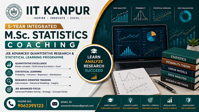 IIT Kanpur 5-Year Integrated M.Sc. Statistics coaching banner with quantitative research visuals, statistical learning, and JEE Advanced preparation design.
