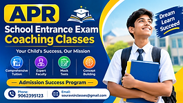 Professional APR School Entrance Exam Coaching Classes banner featuring a confident student, expert faculty, comprehensive tuition, mock tests, concept building, admission success program, and contact information for school entrance exam preparation.