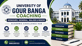 University of Gour Banga Coaching banner featuring honours, general, major and minor courses, academic excellence and modern educational design with contact details.