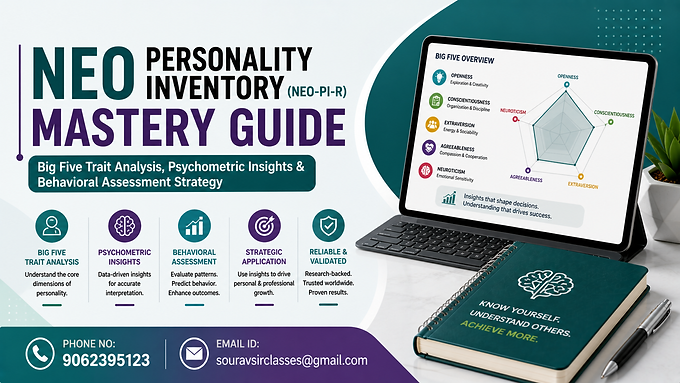 NEO personality inventory mastery guide thumbnail with Big Five trait analysis, psychometric insights, behavioral assessment strategy in clean modern professional design with contact details.