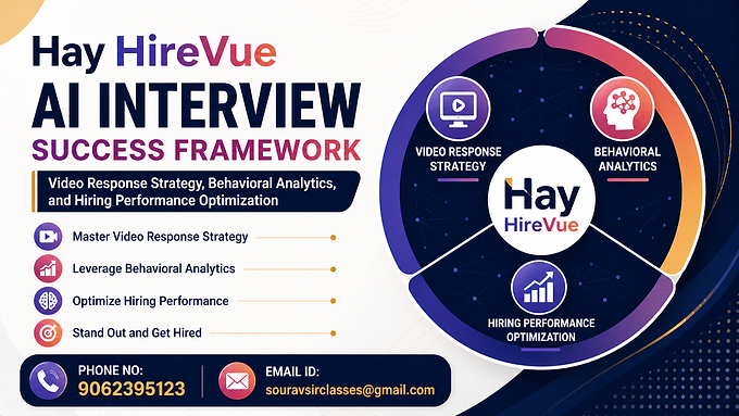 Hay HireVue AI interview success framework banner with video response strategy, behavioral analytics, hiring performance optimization, and contact details.
