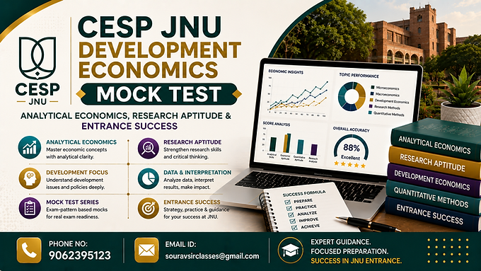 “Professional CESP JNU Development Economics mock test banner featuring analytical economics, research aptitude, entrance preparation dashboards, and expert coaching contact information.”