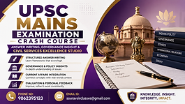 UPSC Mains Examination crash course banner with civil services preparation theme, answer writing focus, governance learning visuals and coaching contact details.