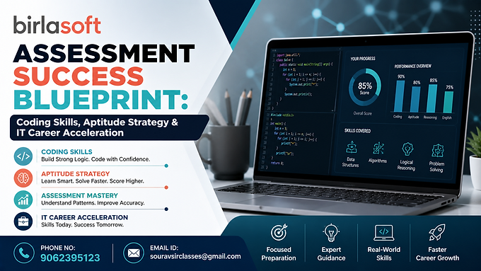 Birlasoft assessment preparation banner with coding dashboard and IT career training visuals