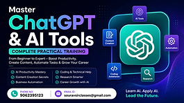 Professional 16:9 blog thumbnail for a Master ChatGPT and AI Tools practical training course featuring AI productivity, content creation, business automation, coding assistance, research, career growth, contact details, and a modern blue-purple technology-themed design.