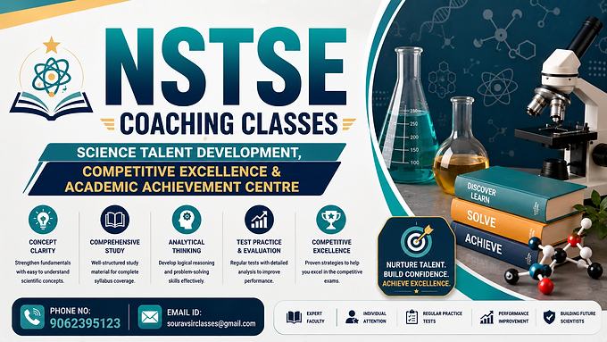 NSTSE coaching classes banner featuring science talent development, analytical thinking, competitive excellence, academic achievement, expert guidance and coaching contact details.