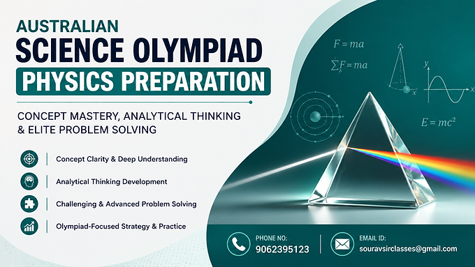 Australian Science Olympiad Physics Preparation thumbnail with modern international education design, analytical thinking and elite problem solving theme, prism light physics illustration, teal and navy academic color palette, professional bullet point layout, SEO-friendly WIX blog banner in 16:9 format.