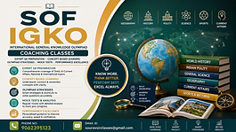 SOF IGKO (International General Knowledge Olympiad) Coaching Classes banner featuring expert GK preparation, concept-based learning, Olympiad strategies, mock tests, current affairs, geography, history, and a modern educational design.