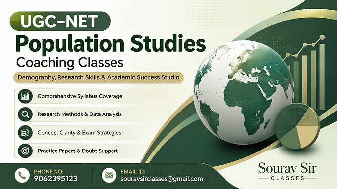 UGC-NET Population Studies Coaching Classes banner with demography globe design, research skills highlights, academic success coaching and contact details.