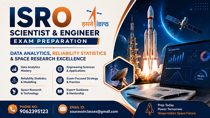 “Professional ISRO Scientist and Engineer exam preparation banner featuring space research, data analytics, reliability statistics, rocket launch visuals, and expert coaching contact information.”