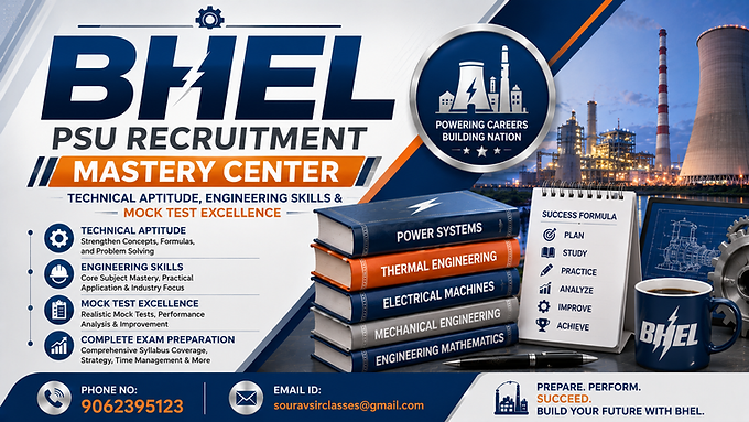 Professional BHEL PSU recruitment preparation thumbnail with technical aptitude engineering skills mock tests and modern blue orange industrial academy design for WIX blog