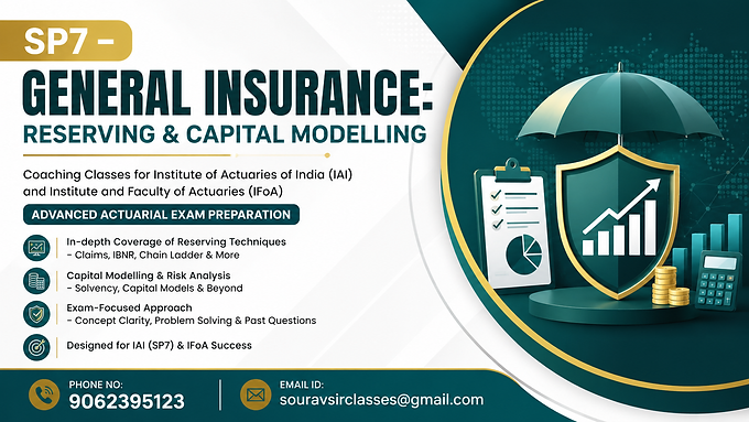 Professional SP7 General Insurance Reserving and Capital Modelling coaching banner for IAI and IFoA actuarial exam preparation featuring reserving techniques, capital modelling, risk analysis, and contact information.