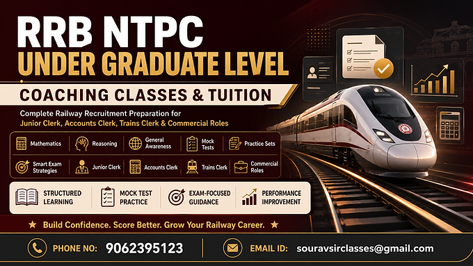 RRB NTPC Undergraduate Level Coaching Classes covering junior clerk, accounts clerk, trains clerk, commercial roles, mathematics, reasoning, general awareness, mock tests, practice sets, and smart railway exam strategies.