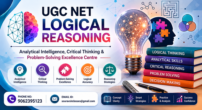 UGC NET Logical Reasoning coaching banner with analytical intelligence, critical thinking, problem-solving learning and coaching contact details.