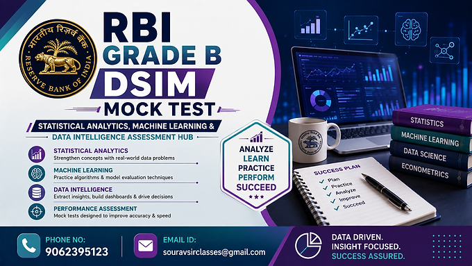 RBI Grade B DSIM mock test banner with statistical analytics theme, machine learning preparation, data intelligence assessment and coaching contact details.