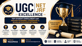 UGC NET JRF excellence enrollment banner with scholar success, academic leadership, research-focused learning and coaching contact details.