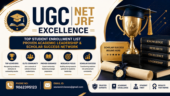 UGC NET JRF excellence enrollment banner with scholar success, academic leadership, research-focused learning and coaching contact details.
