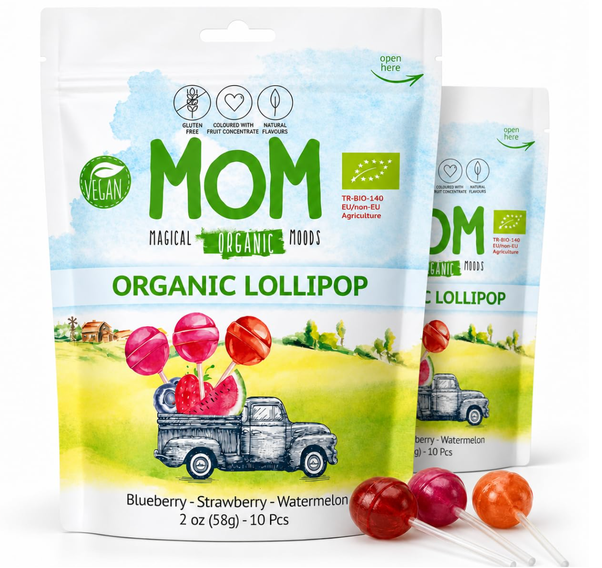 UNIQBITE Organic Lollipops, Vegan Gluten Free Pops with Strawberry Blueberry Wat
