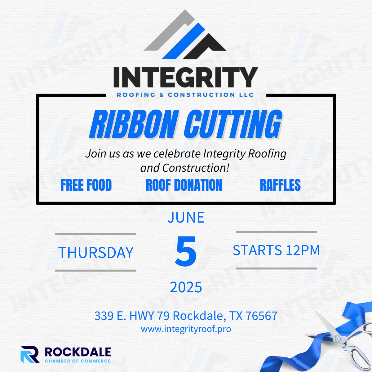 Bottom Ribbon Construction Ribbon Cutting for Integrity Roofing & Construction | Rockdale Chamber