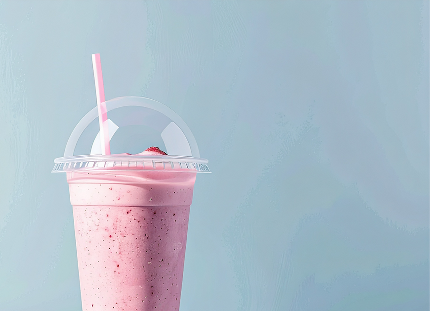 Firefly_straight on shot of a plastic to-go cup with a dome plastic lid and straw that is