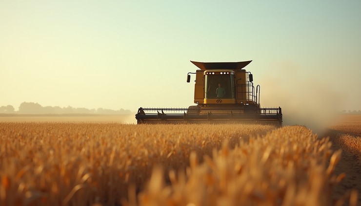 Eye-level view of a potato harvester machine working in a large field