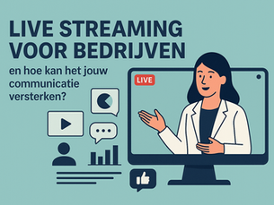 Illustratie van live streaming voor bedrijven: een vrouw spreekt via een computerscherm terwijl iconen van video, chat en grafieken de mogelijkheden van professionele streaming voor bedrijfscommunicatie tonen.