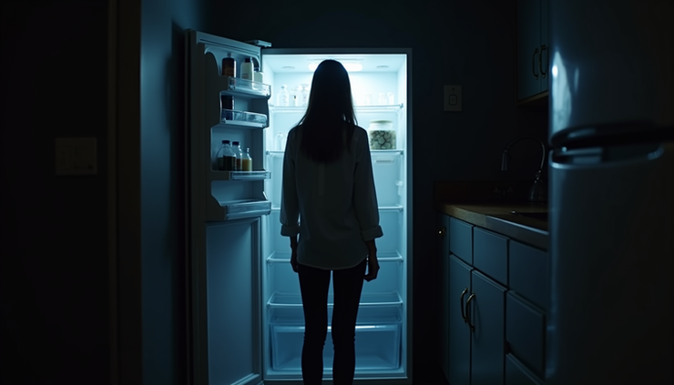 Eye-level view of a person looking into a fridge late at night filled with various food items