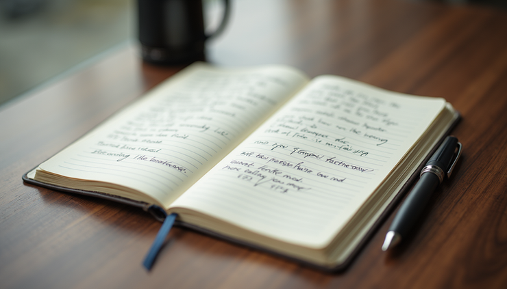 High angle view of a journal open with a pen and a list of goals and reflections