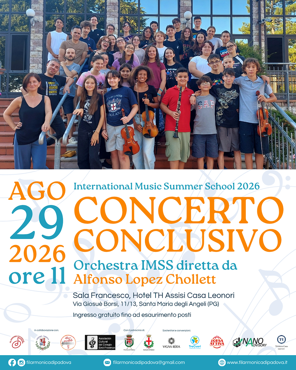 Group of young musicians and teachers posing with strings and clarinet on steps; poster reads AGO 29 2026 Concerto conclusivo.