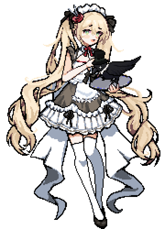 A pixel art animated gif of PuppetWorks' mascots Patches the crow and Ameila the doll excitedly laughing