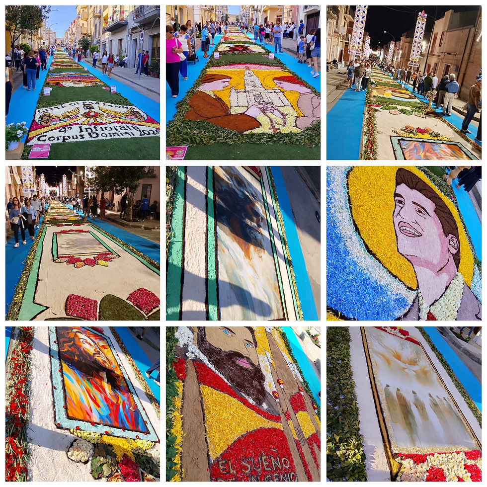 Vista a livello strada di una piazza di Partanna con tappeti di fiori e visitatori che ammirano le opere