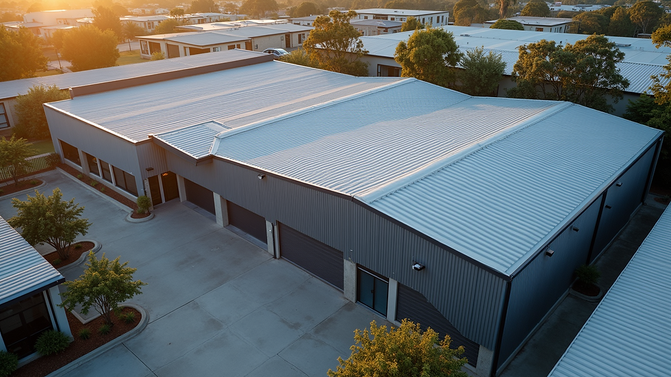 High angle view of a commercial building with Colorbond steel roofing