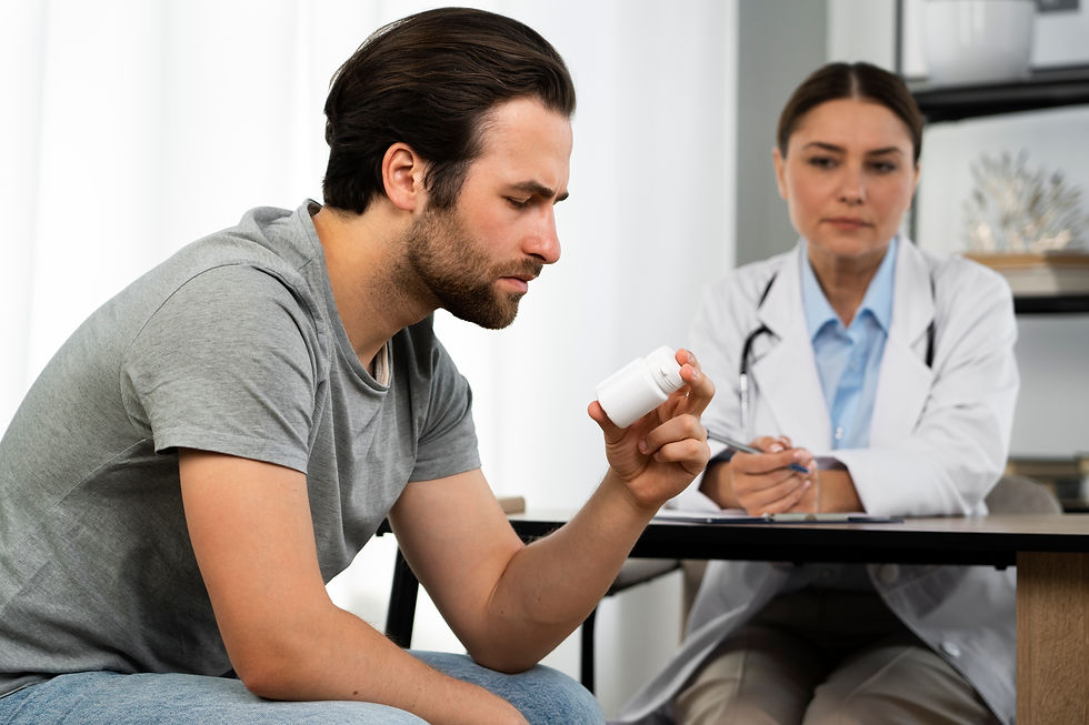 A person looks at a pill bottle while a healthcare professional sits at a desk in the background.