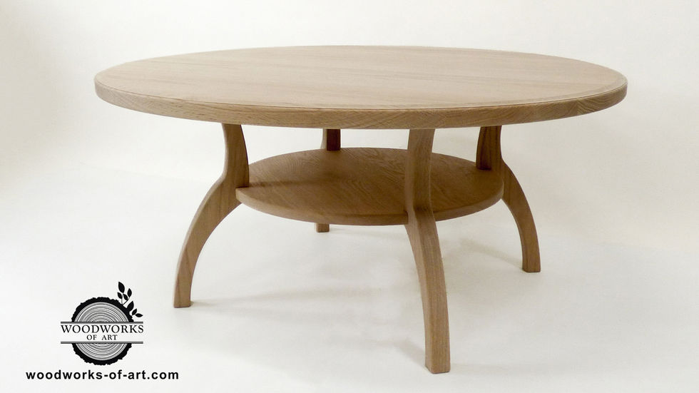 white oak matching coffee table set, two round end tables, one round coffee table. shelving. custom furniture. made to order. Brandon, Manitoba, Canada