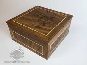 figured walnut with maple wood inlay, brass hardware, custom stained, gift,