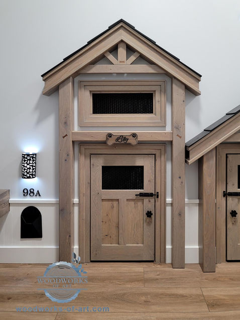 white oak, ceder shingles, custom built-in, dog kennel, under the stairs, custom mailbox, custom house number, custom front dog bone and dog paw front door light, walnut inlay dog bone, Brandon, Manitoba