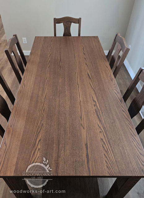 solid wood, red oak dining table, stained dark brown, hand made, locally made, Canadian made, Manitoba made