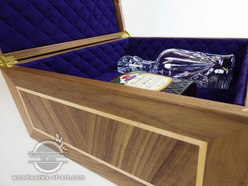 walnut wood box with maple inlay, brass hardware, purple velvet lined box