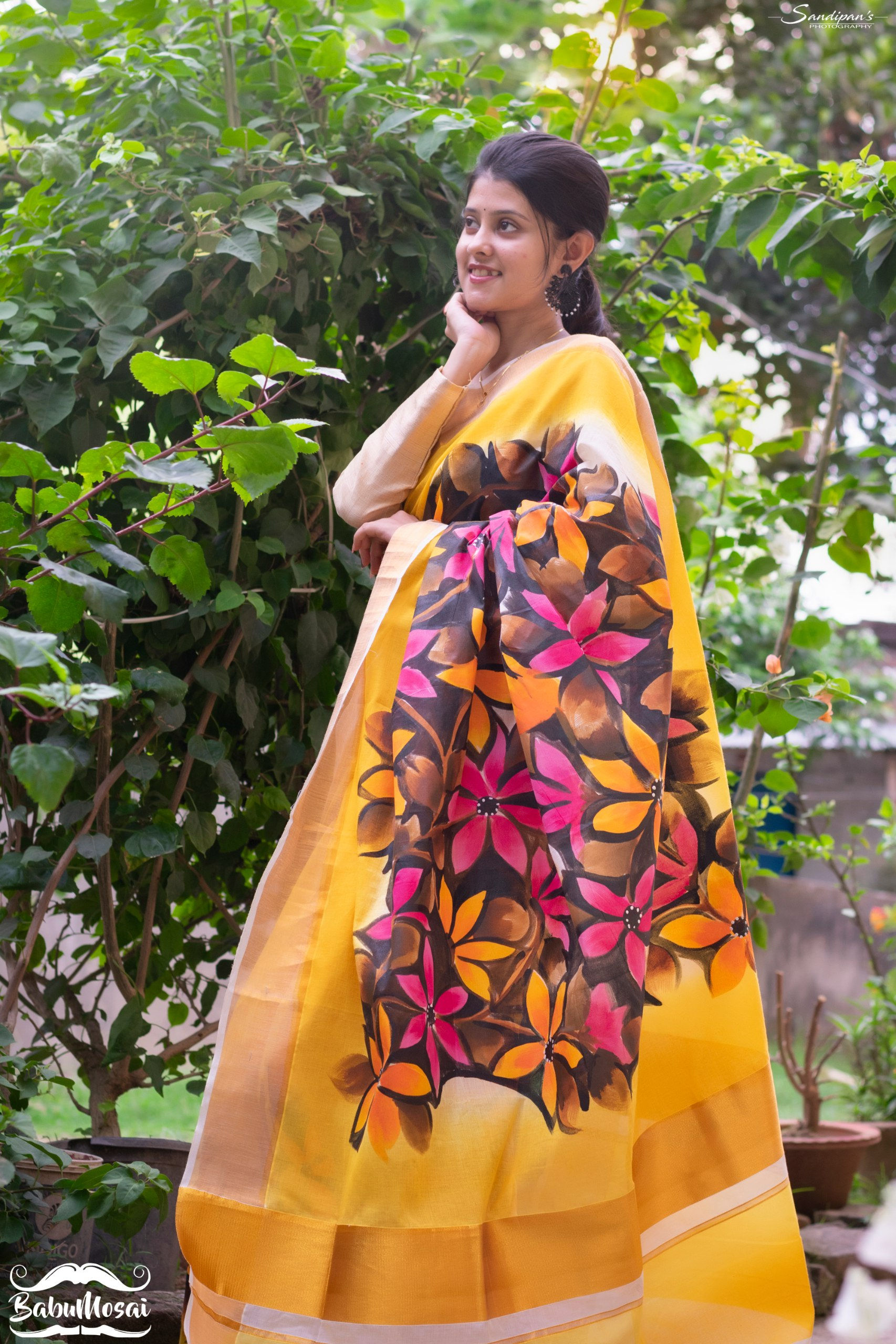 Babumosai | Yellow Cotton Saree - Elegant Hand-Painted Flowers with BP