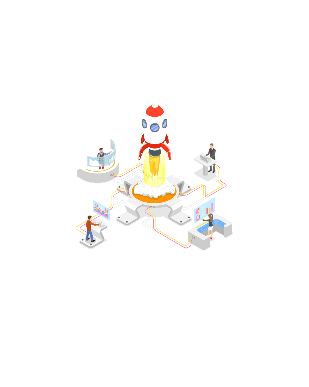 Team working on computers to launch a rocket