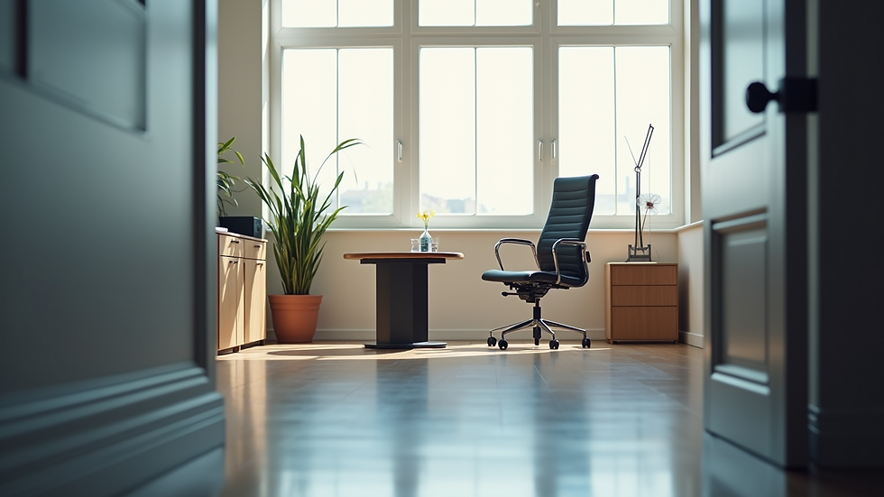 Eye-level view of a modern office with a single chair and a desk