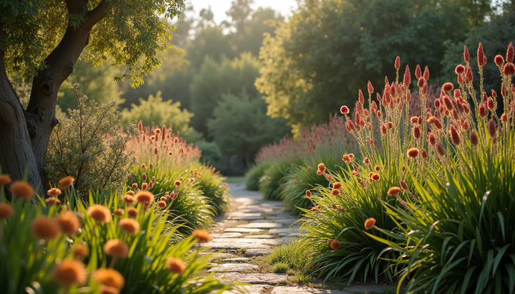 Eye-level view of a Sydney garden featuring vibrant native Australian plants including banksias and grevilleas