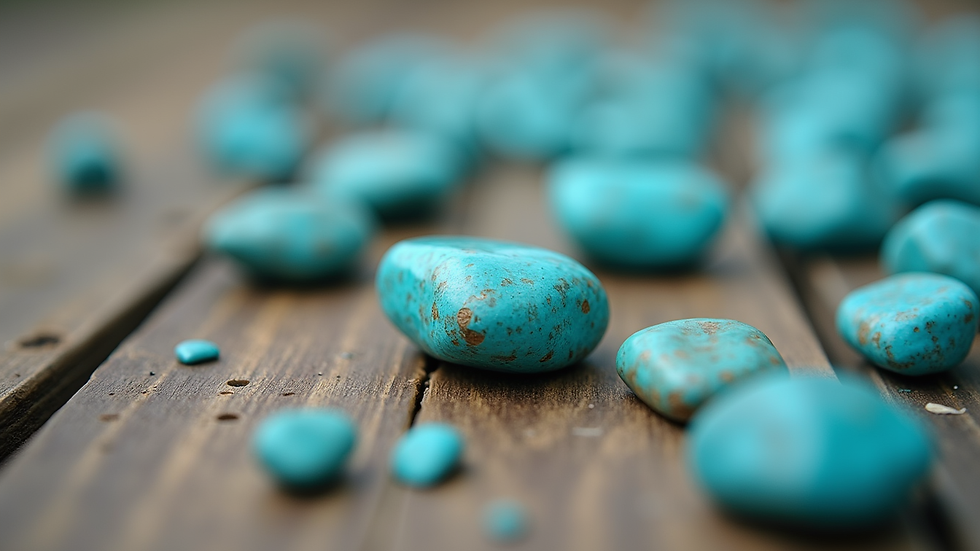 Eye-level view of turquoise stones arranged on a wooden surface