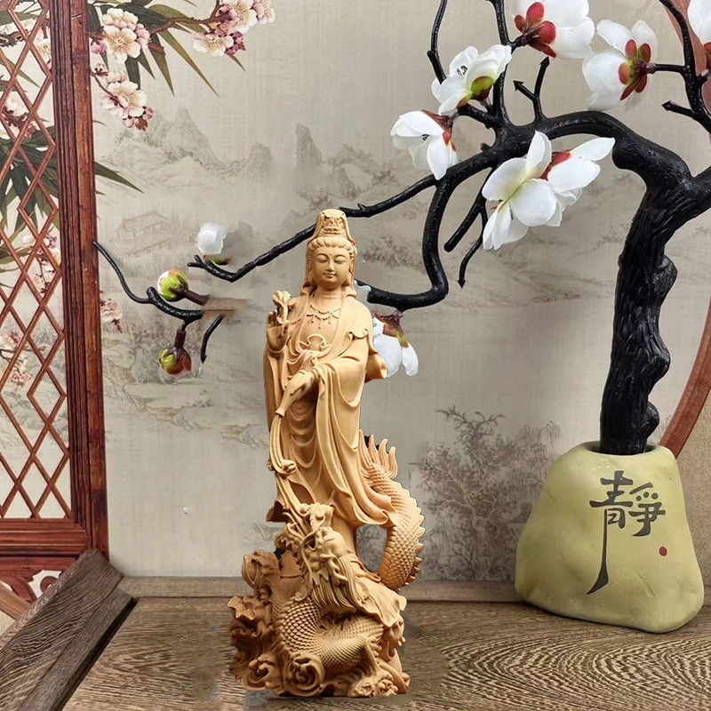 Natural Wood Dragon Guanyin Buddha Statue, Traditional Hand-carved