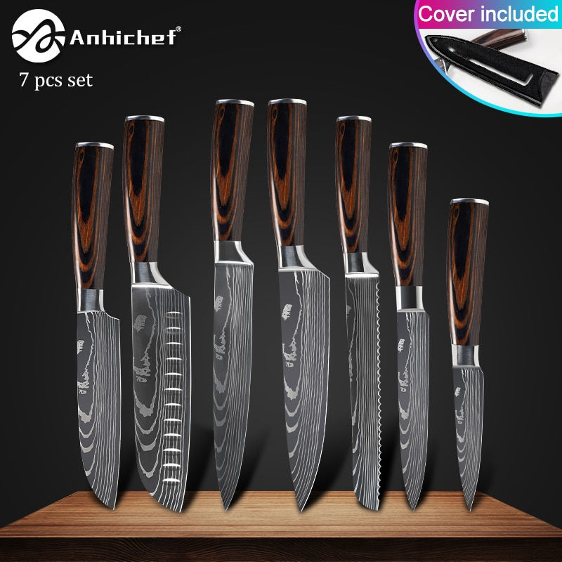Thumbnail: Kitchen Knives Stainless Steel 7CR17 440C Laser Damascus Japanese 