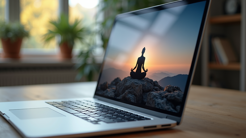 Eye-level view of a laptop screen showing a meditation app interface