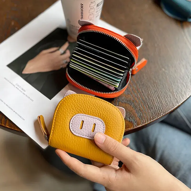 Thumbnail: Credit Card Holder Cute Cartoon Genuine Leather Zip Coin Purse Cowhide Love