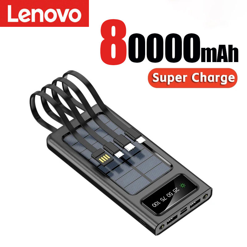Thumbnail: Lenovo 200000mah Solar Power Bank Built 4 Cables Convenient Fast Charging Usb 