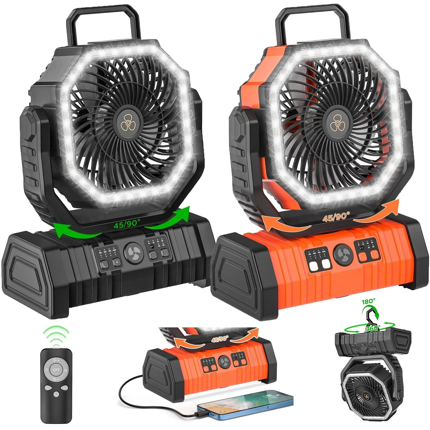 Camping Fan 20000mAh Battery Powered Fan Rechargeable with LED Light Portable 