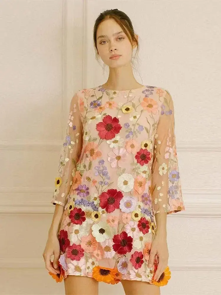 Thumbnail: Fashion Flower Printed Embroidered Long Dress Women Elegant O-neck Long Sleeve 